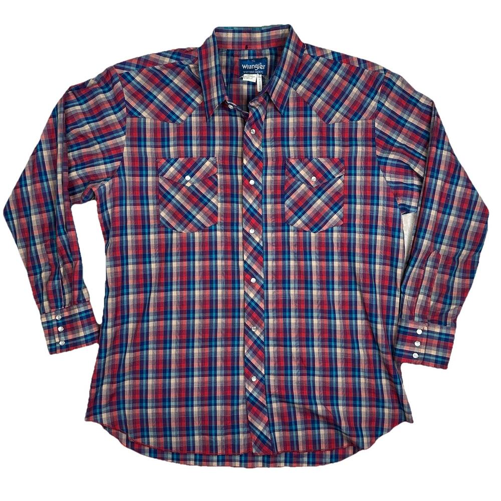 VTG Wrangler Western Pearl Snap Shirt Men’s Size XL Blue Red White Plaid Y2K